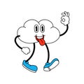 Funny cloud with face. Trendy retro cartoon stickers. ÃÂ¡omic character with gloved hands and boots