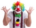 Funny clown acting silly isolated on white background