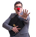 Funny clown with briefcase on white Royalty Free Stock Photo
