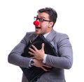 Funny clown with briefcase on white Royalty Free Stock Photo