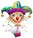 Funny clown buffoon head to jump out of box. Fools Day symbol