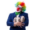 Funny clown businessman with money sacks bags isolated on white Royalty Free Stock Photo