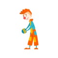 Funny clown cartoon character performing with ball at birthday or carnival party, circus performance vector Illustration Royalty Free Stock Photo