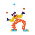 Funny clown in circus juggling balls, cartoon flat vector illustration isolated on white background.