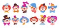 Funny clown faces. Cartoon positive comic artists heads. Happy facial expressions. Smiling circus characters. Comedians