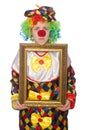 Funny clown girl with frame isolated on white Royalty Free Stock Photo