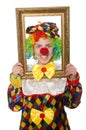 Funny clown girl with frame isolated on white Royalty Free Stock Photo
