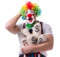 Funny clown with money sacks bags isolated on white background Royalty Free Stock Photo