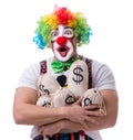 Funny clown with money sacks bags isolated on white background Royalty Free Stock Photo