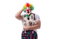 The funny clown with money sacks bags isolated on white background Royalty Free Stock Photo