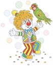 Funny clown playing with a colorful parrot