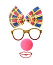 Funny clown`s face made of bow, eyeglasses and foam nose on white background