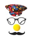 Funny clown`s face made of hat, eyeglasses, foam nose and mustache on white background