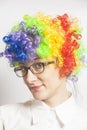 Funny clown woman, female with eyeglasses
