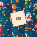 Funny clowns characters and different circus accessories seamless pattern. Character cartoon clown, comedian and jester