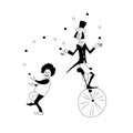 Funny clowns juggling. Black and white vector drawing image.