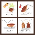 Funny cockroach characters, insects extermination service posters set, flat vector illustration. Royalty Free Stock Photo