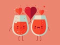 Funny Cocktail Glasses Couple Cheering With Heart Shapes. Love or Valentine`s Day