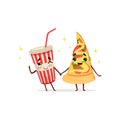 Funny cocktail and slice of pizza characters holding hands. Fast food concept. Isolated flat vector illustration