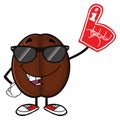 Funny Coffee Bean Cartoon Mascot Character With Sunglasses Wearing A Foam Finger