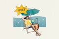 Funny collage of funny young man lying sunbed hand head confused hold globus lost dont know geolocation isolated on