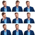 Funny collage of 9 images of a young man