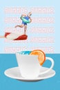 Funny collage old man ice cream pier diving inflatable ring inside fresh juice cup swimming pool summer party isolated Royalty Free Stock Photo