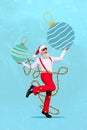 Funny collage saint nicholas wear red suspenders cool man dance holding two sphere toys xmas spirit party sale isolated