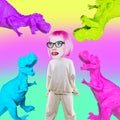 Funny collage scene. Comic Girl character .among dangerous dinosaur. Psychology, fears, competitors, phobias, risks. Social