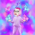 Funny collage scene.   Comic Girl character in unicorn dreaming space. Psychology, desires, oddities, weirdo, romantic concept Royalty Free Stock Photo