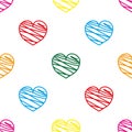 Funny colored hearts seamless pattern on white background. 14 february wallpaper. Valentines Day backdrop. Hand drawn ornament, Royalty Free Stock Photo