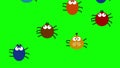 Funny colored insects creep up on green screen, 2d animated cartoon, looping
