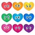 Funny Colored smiley Hearts. Cute Cartoon characters. Bright Vector set of Heart icons. Creative hand drawn hearts with different Royalty Free Stock Photo