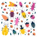 Colorful bug insects, garden pests, plants vermin beetles cartoon characters vector illustration