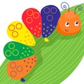 Funny colorful caterpillar. Smiling insect on the green leave. Vector illustration