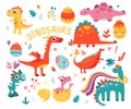 Funny colorful dinosaur cartoon character, cute comic monster, prehistoric animal isolated set Royalty Free Stock Photo