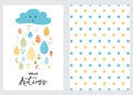 Funny colorful drops of rain clouds set. Vector autumn banner fall polka dot background Smile Character