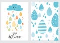 Funny colorful drops of rain clouds set. Vector autumn banner fall rainy background Smile Character