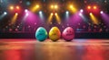 Funny colorful Easter eggs sing song on stage against the background of bright spotlights