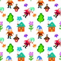 Funny colorful gnome wirh house, lantern,flowers seamless pattern for kids Royalty Free Stock Photo