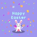 Funny and Colorful Happy Easter greeting card and party with rabbit, bunny illustration,eggs, confetti and text