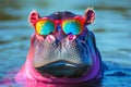 Funny colorful hippopotamus wearing sunglasses in studio with a colorful and bright background. Fashion-forward hippo with trendy