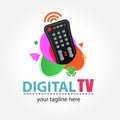 Funny colorful logo for digital television or children`s channel. Composition of cartoon remote control and abstract elements. Royalty Free Stock Photo