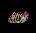 Funny colorful psychedelic print with hippie green peace symbol, flower-power, granatum, love, peace and joy word, butterfly and p