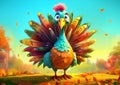 Funny colorful turkey in the autumn forest. 3D illustration.