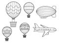 Funny coloring kids air transport set. Hot air balloon, airship, airplane and parachutist cartoon black and white vector