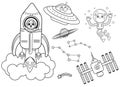 Funny coloring kids space transport set with characters. Spaceship, UFO, space station and space robot cartoon black and white