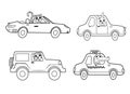 Funny coloring kids transport set with animals. Cars and vehicles cartoon vector black and white illustration isolated on white Royalty Free Stock Photo