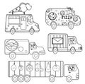 Funny coloring kids transport set with animals. Delivery trucks cartoon black and white vector illustration isolated on white
