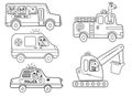 Funny coloring kids transport set with animals. School bus, ambulance, excavator, fire engine, police car cartoon black and white